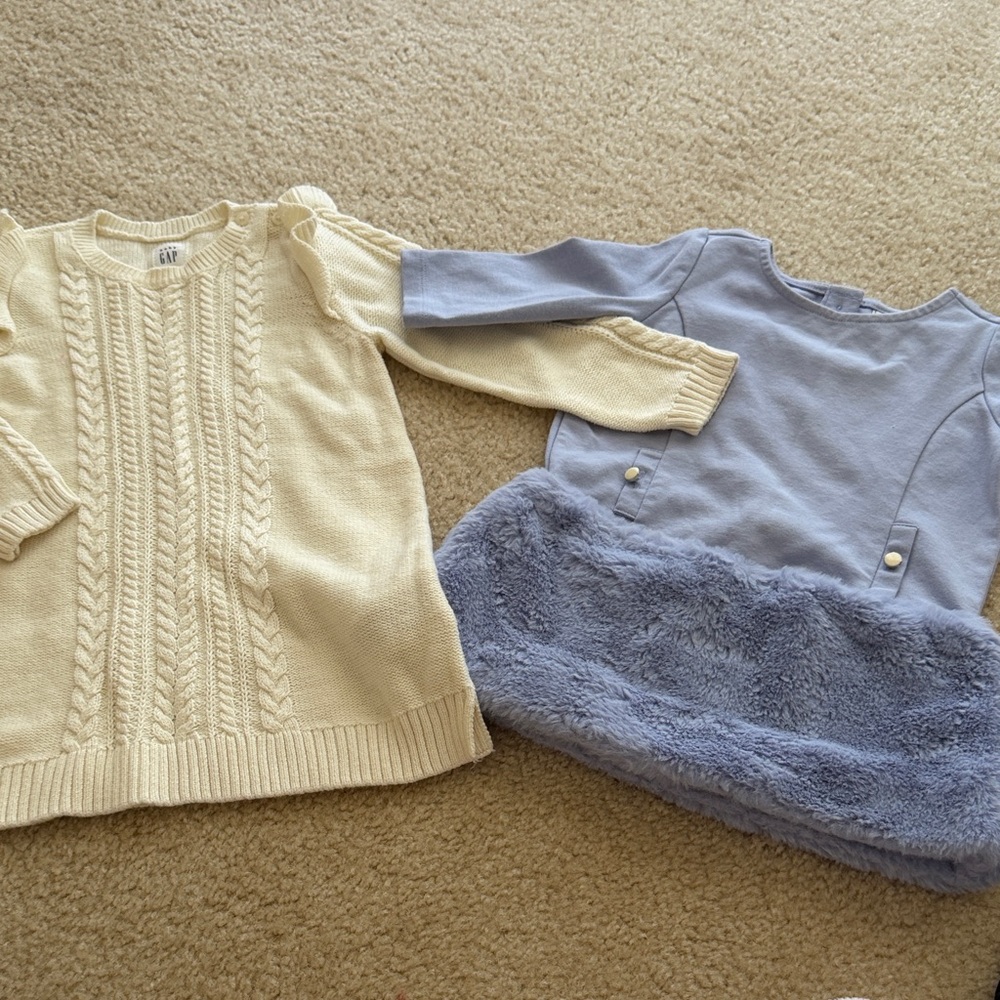 Cream Cable Knit dress and Blue Furry Dress 18-24 month